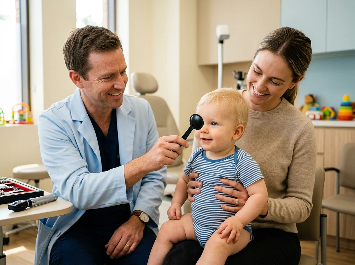 Augenarzt prüft mit einer Abdeckscheibe die Augenstellung eines Babys auf dem Schoss der Mutter