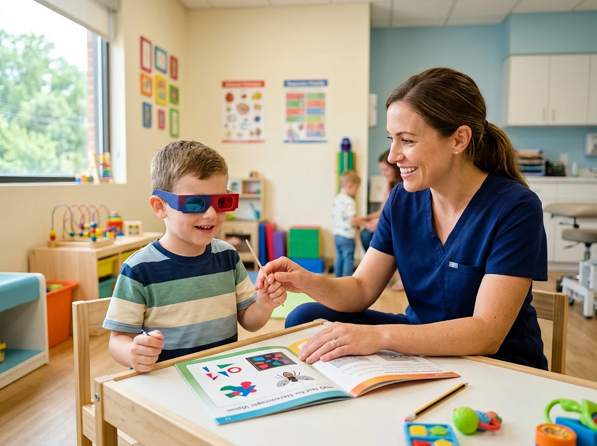 Orthoptistin begleitet einen Jungen in der Sehschule bei einem Test zum räumlichen Sehen mit 3D-Brille