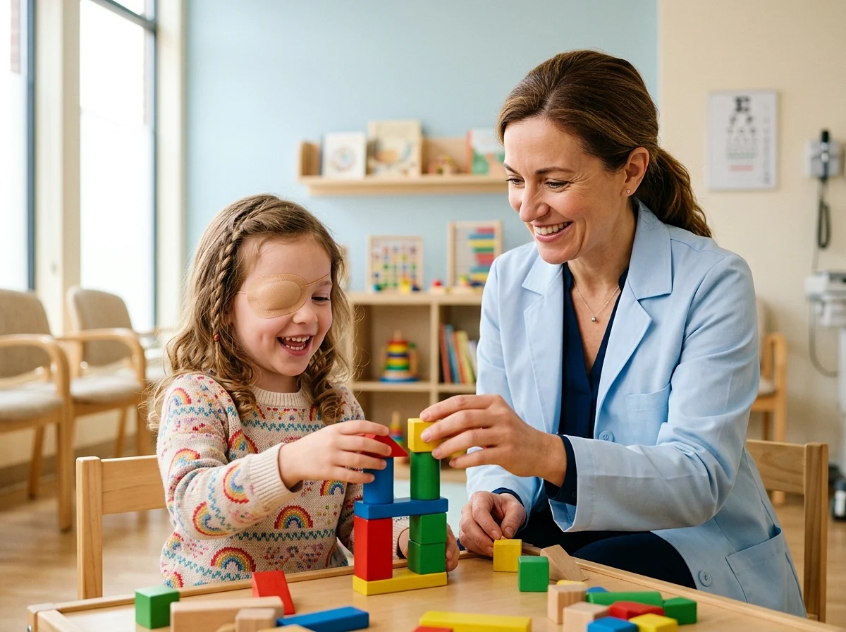 Mädchen mit Augenpflaster spielt bei der Amblyopie-Behandlung mit Bauklötzen neben der Kinderaugenärztin